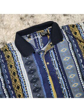 90s Retro Blue Navy and Yellow Patterned Polo Shirt